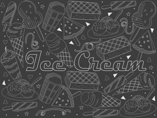 Objects of linear art piece of chalk. Theme of public catering, summer vacation, a set of various ice-cream Raster