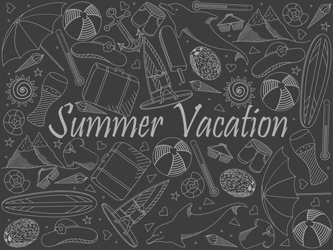 Line art objects piece of chalk. Theme of travel, summer vacation. Raster over white background