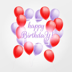 Happy birthday card with red and violet balloons