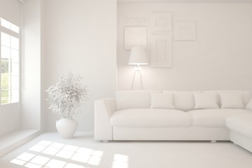 Stylish minimalist room with sofa in white color. Scandinavian interior design. 3D illustration