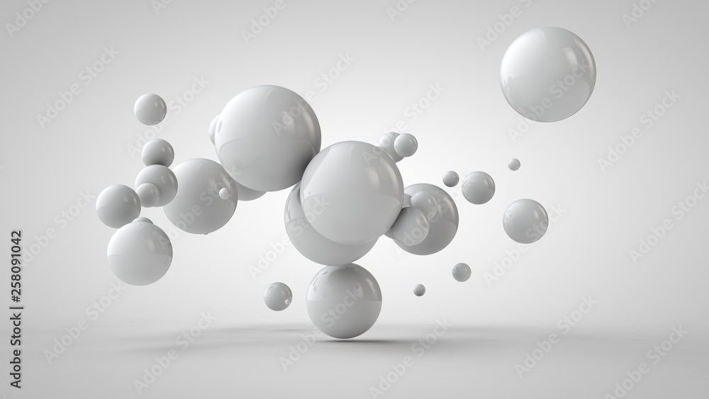 Poster 3d illustration of balls of different sizes hanging in space. the idea of order, chaos and harmony. 