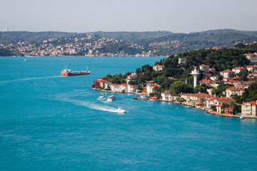 Top view of the turquoise water of the Bosphorus Strait in Istanbul, Turkey.