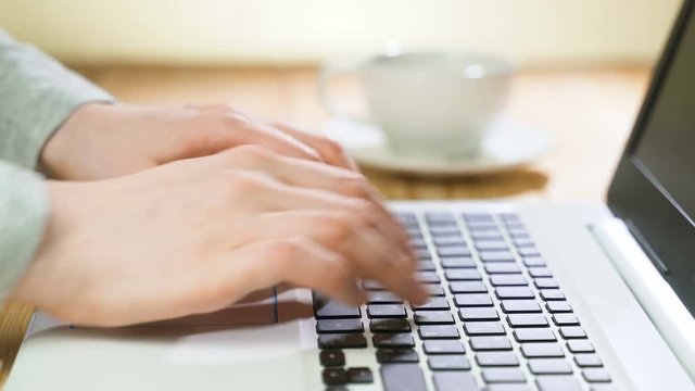Female hands typing on laptop, drinking coffee. Keyboard typing hands.