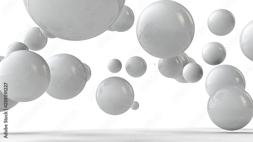 Poster 3d illustration of balls of different sizes hanging in space. the idea of order, chaos and harmony. 