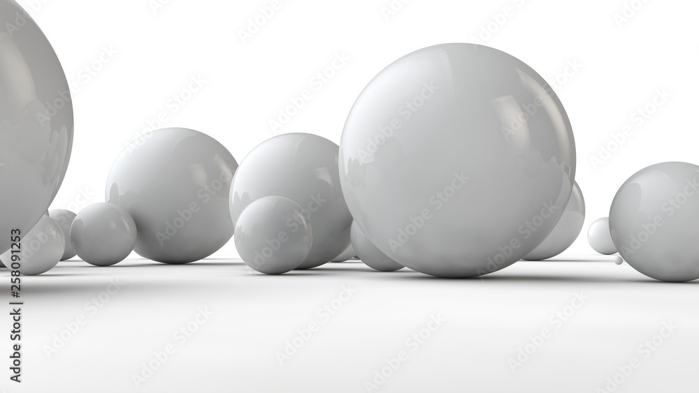 Poster 3d illustration of large and small white spheres and many different balls on a white surface. the id