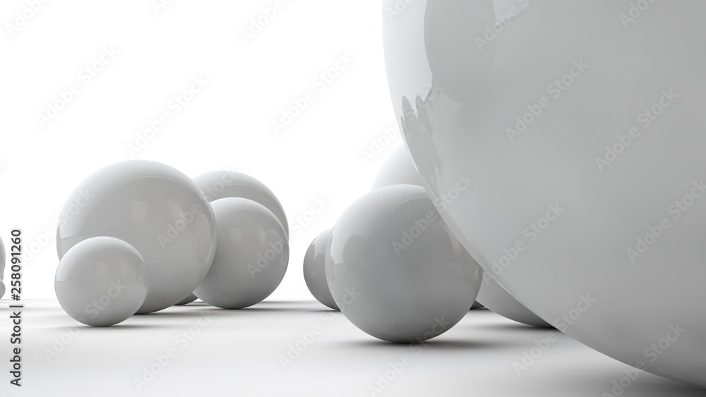 Poster 3d illustration of large white spheres and many small balls on a white surface. the idea of beauty. 