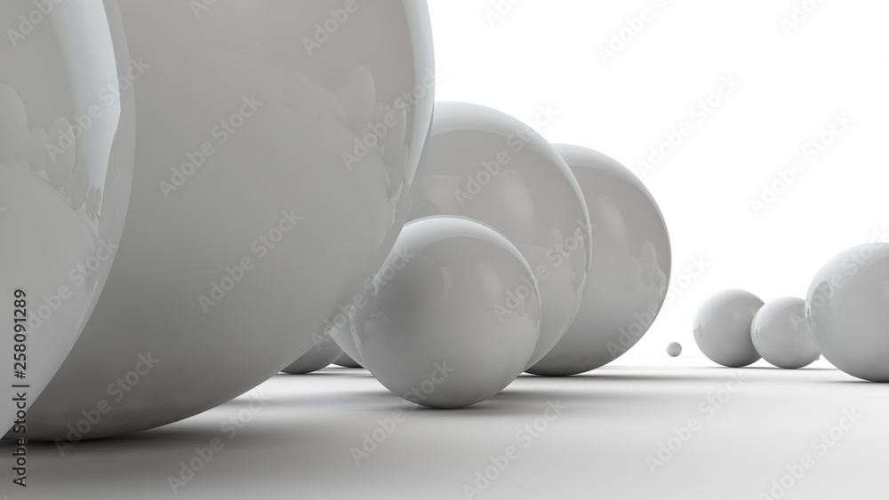Poster 3d illustration of large white spheres and many small balls on a white surface. the idea of beauty. 