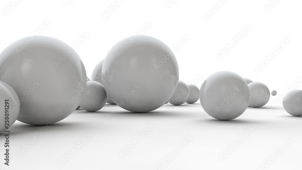 Poster 3d illustration of large white spheres and many small balls on a white surface. the idea of beauty. 