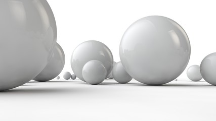 3D illustration of large and small white spheres and many different balls on a white surface. The idea of beauty. Comparative image of the geometry of space. 3D rendering isolated on white background.