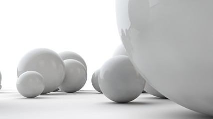 3D illustration of large white spheres and many small balls on a white surface. The idea of beauty. Comparative image of the geometry of space. 3D rendering isolated on white background.