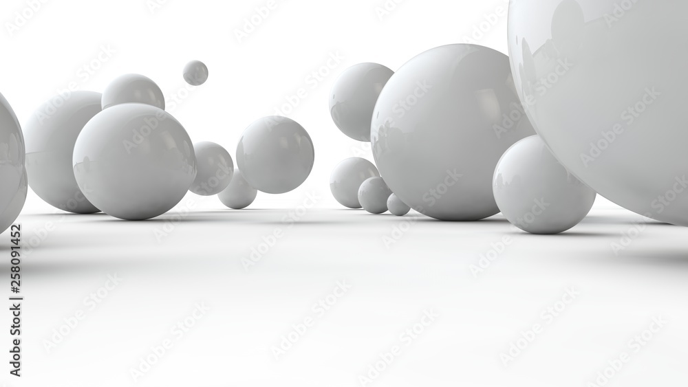 Poster 3d illustration of balls of different sizes on a white surface. the idea of order, chaos and abstrac