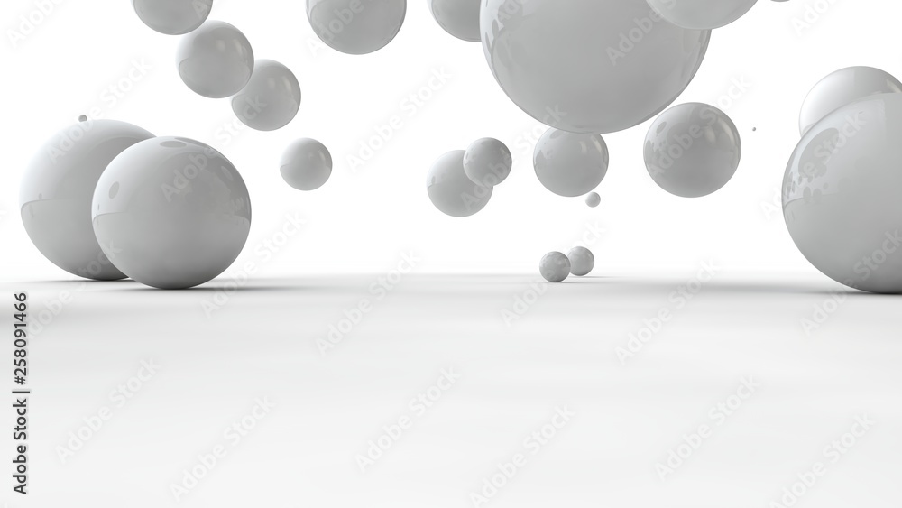 Poster 3d illustration of balls of different sizes hanging in space. the idea of order, chaos and harmony. 