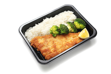 Catering box. Cod fillet fried with rice and broccoli. Box diet.