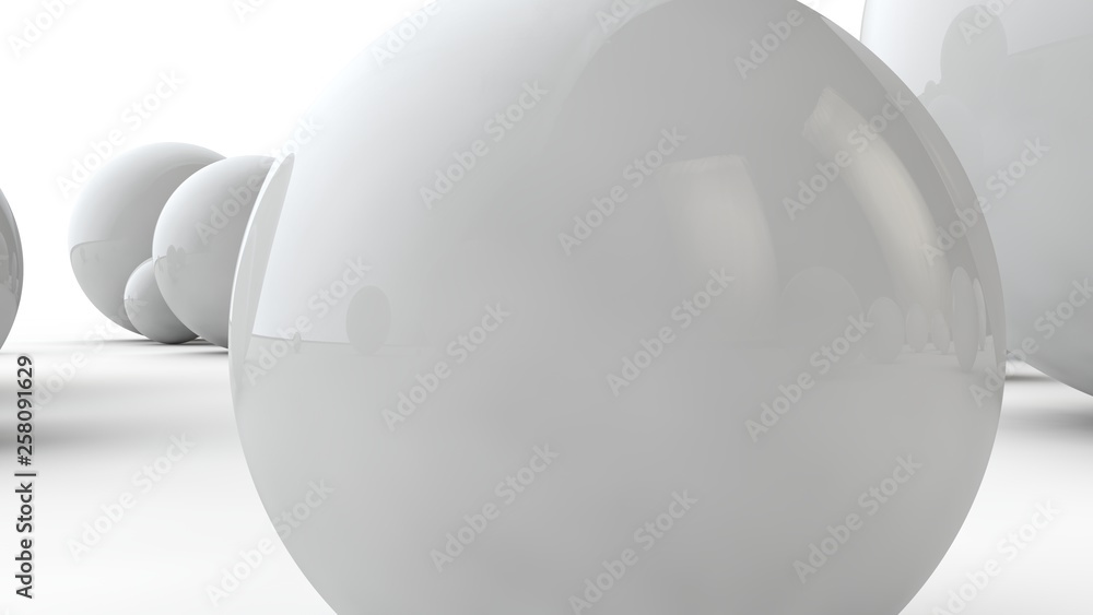 Poster 3d illustration of large white spheres and many small balls on a white surface. the idea of beauty. 