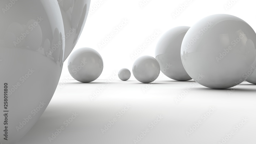 Poster 3d illustration of large white spheres and many small balls on a white surface. the idea of beauty. 