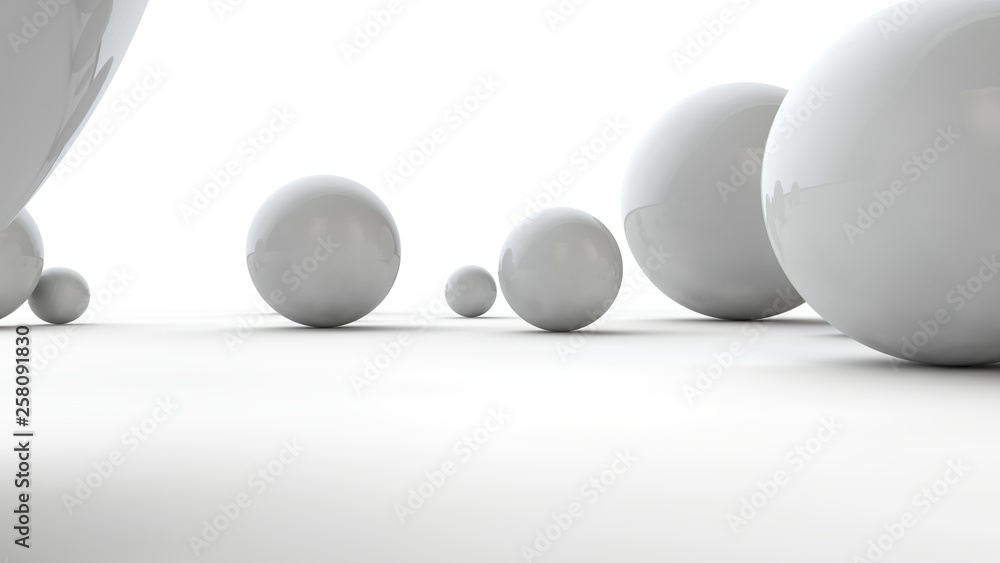 Poster 3d illustration of balls of different sizes on a white surface. the idea of order, chaos and abstrac