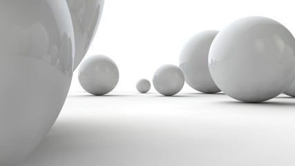 3D illustration of large white spheres and many small balls on a white surface. The idea of beauty. Comparative image of the geometry of space. 3D rendering isolated on white background.