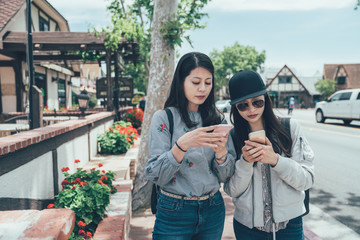 group of female best friends chatting on smartphones in street standing outdoor with blue sky. young girls waiting for taxi cub in spring weather in copenhagen denmark. women college student commute.