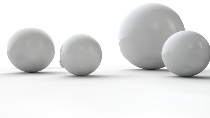 3D illustration of large and small white spheres and many different balls on a white surface. The idea of beauty. Comparative image of the geometry of space. 3D rendering isolated on white background.