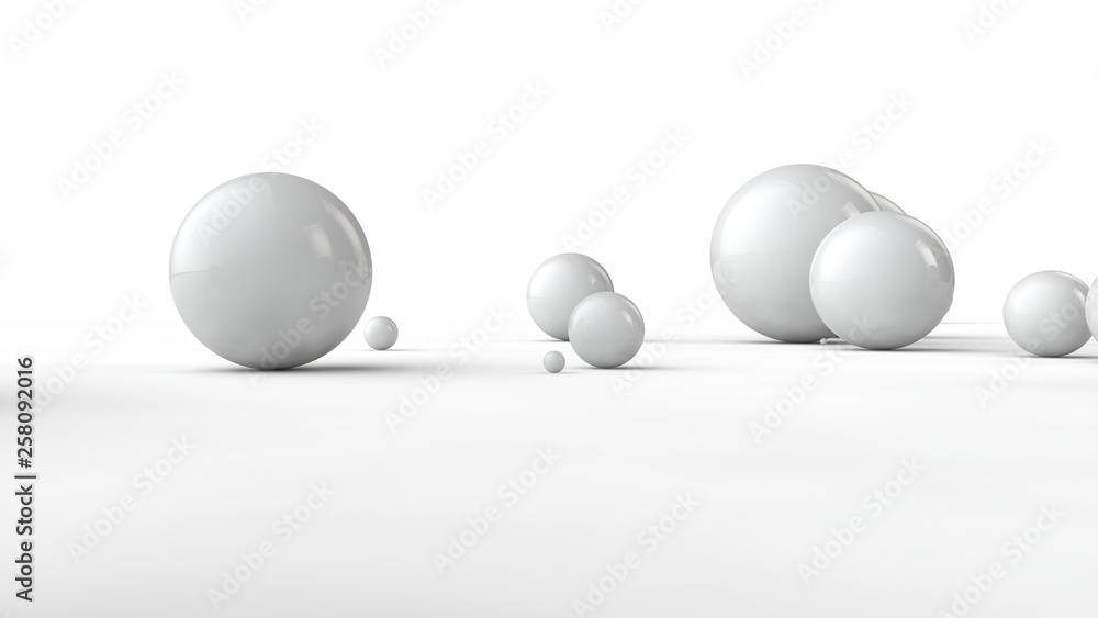 Poster 3d illustration of balls of different sizes on a white surface. the idea of order, chaos and abstrac