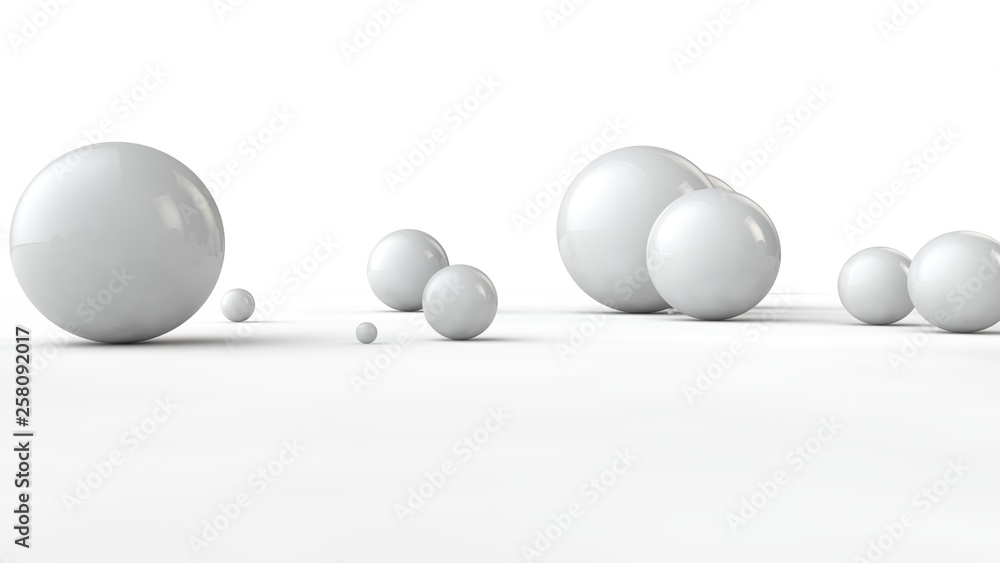 Poster 3d illustration of balls of different sizes on a white surface. the idea of order, chaos and abstrac