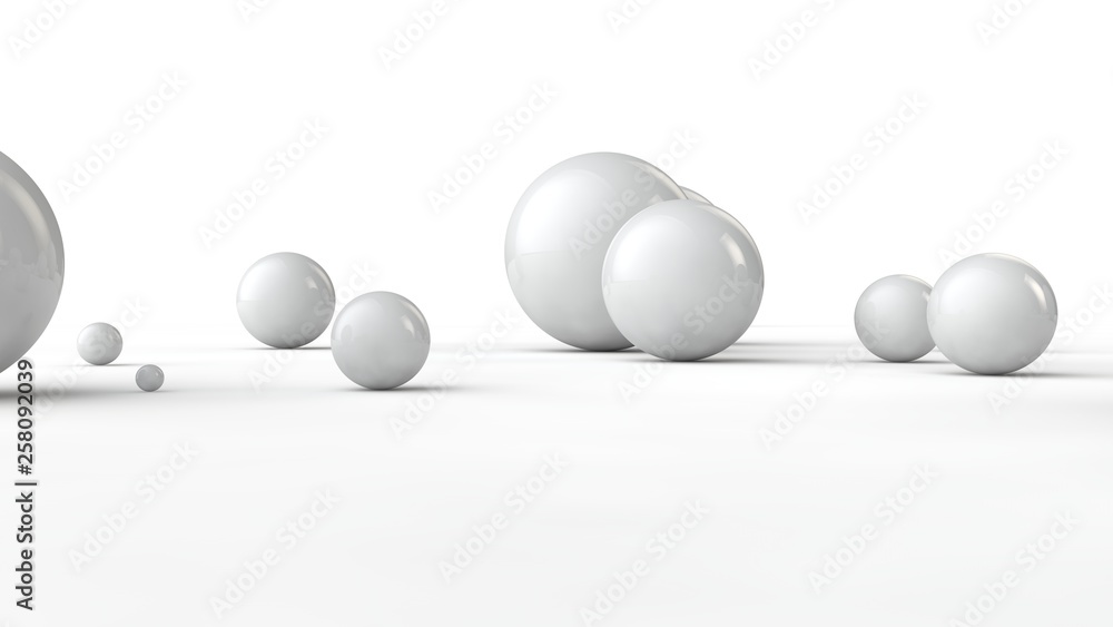 Poster 3d illustration of balls of different sizes on a white surface. the idea of order, chaos and abstrac