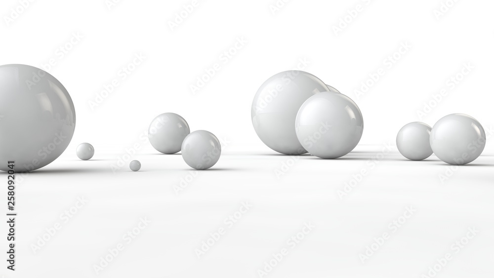 Poster 3d illustration of balls of different sizes on a white surface. the idea of order, chaos and abstrac