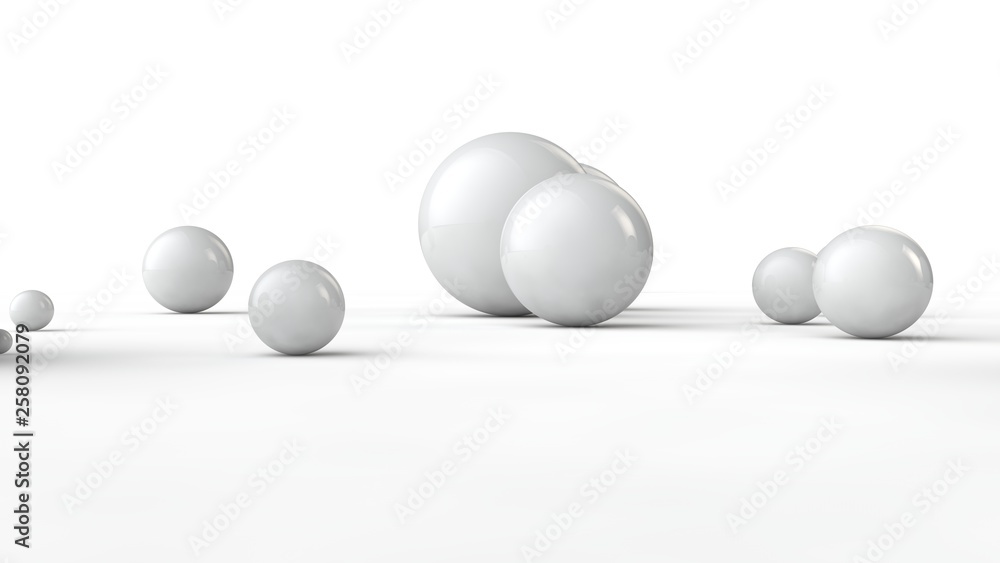 Poster 3d illustration of balls of different sizes on a white surface. the idea of order, chaos and abstrac
