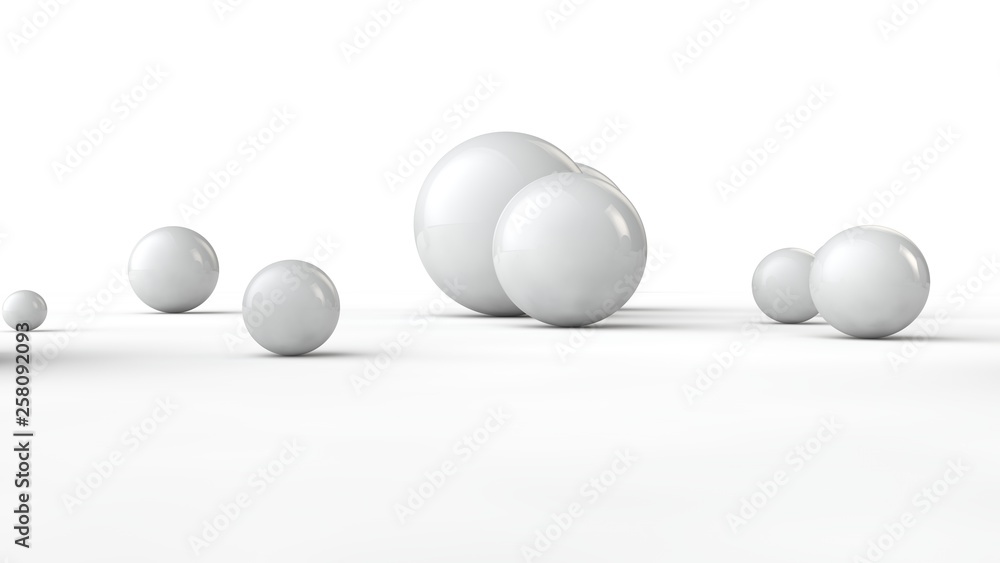 Poster 3d illustration of balls of different sizes on a white surface. the idea of order, chaos and abstrac