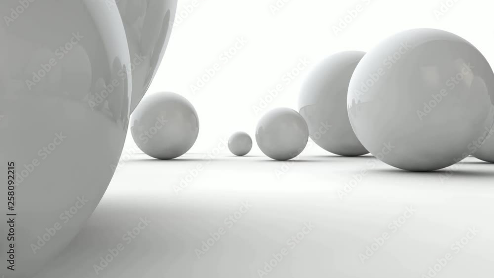 Poster 3d animation of many white balls of different sizes on a white surface.