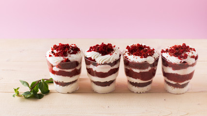 Homemade cake dessert. Trifle on pink background