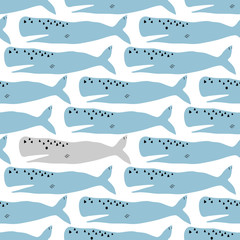 Bright children seamless pattern in marine style. Vector illustration with whales in Scandinavian style.