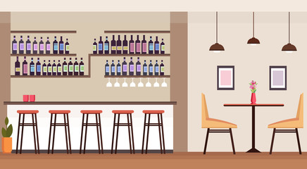modern cocktail bar with alcohol bottles empty no people restaurant interior counter high chairs table flat horizontal