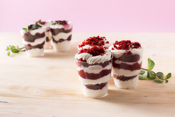 Homemade cake dessert. Trifle on pink background