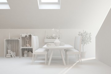 White stylish minimalist kitchen. Scandinavian interior design. 3D illustration