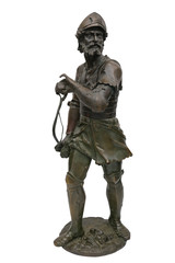 Bronze Sculpture; Knight in armour on a white background.