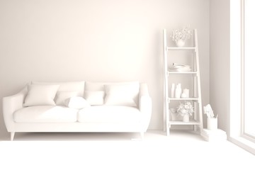 Stylish minimalist room with sofa in white color. Scandinavian interior design. 3D illustration