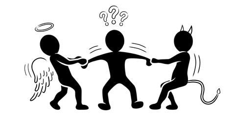 Gewissensentscheidung: Hin- und hergerissen zwischen Engelchen und Teufelchen / Schwarz-weiß, Flat Design, Vektor, Icon