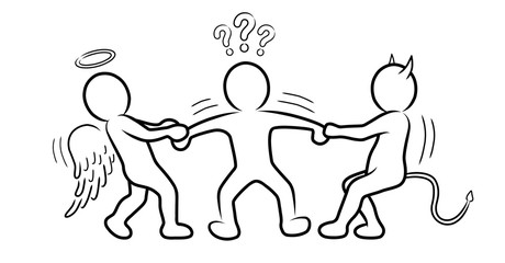 Gewissensentscheidung: Hin- und hergerissen zwischen Engelchen und Teufelchen / Schwarz-weiß, Vektor-Zeichnung, Konturen