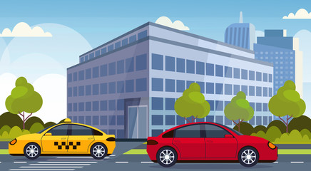 red car and yellow taxi cab driving asphalt road city traffic concept modern office building cityscape background flat horizontal © mast3r