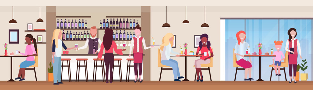 guests at bar counter and tables drinking alcohol bartender and waitress serving drinks to mix race clients modern cocktail bar restaurant interior flat horizontal banner