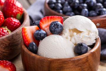 Bowl of Vanilla Ice Cream With Blueberries and Strawberries