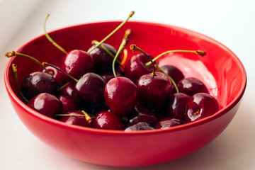 red bowl with fresh ripe cherries