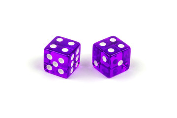 Two purple glass dice isolated on white background. Four and four.