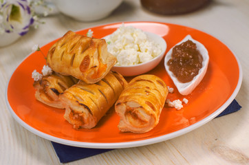 Still life on the table. Sweet cake and a hot drink .