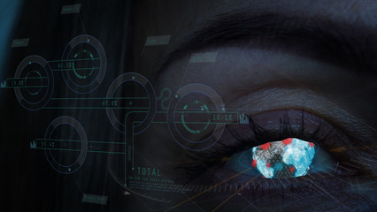 Close-up portrait of young and beautiful woman with the virtual hologram on her eyes (laser medicine and security technology. Concept of: Future, Technology, Science, Protection, Hologram.