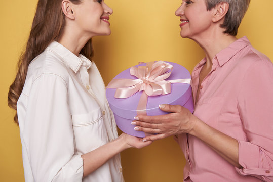 Cropped photo of brown-haired girl congratulating her mother with holiday