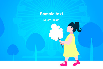 little girl eating candy-floss cute child walking city park having fun ferris wheel landscape background full length flat copy space