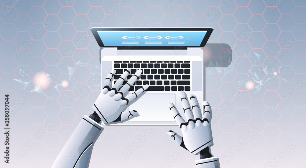 Poster robot hands using laptop computer typing top angle view artificial intelligence digital futuristic t