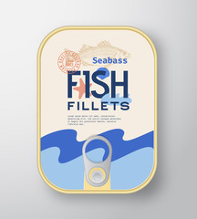 Fish Fillets Aluminium Container with Label Cover. Abstract Vector Premium Canned Packaging Design. Modern Typography and Hand Drawn Sea Bass Silhouette Background Layout.